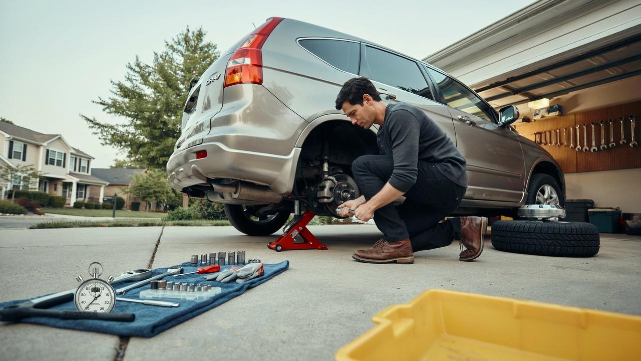 Driver changing a tire at home with tools and a stopwatch.