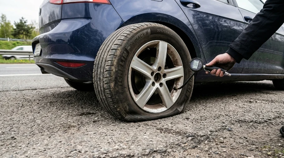 A side view of a car with a tire, the owner checking the tire pressure.