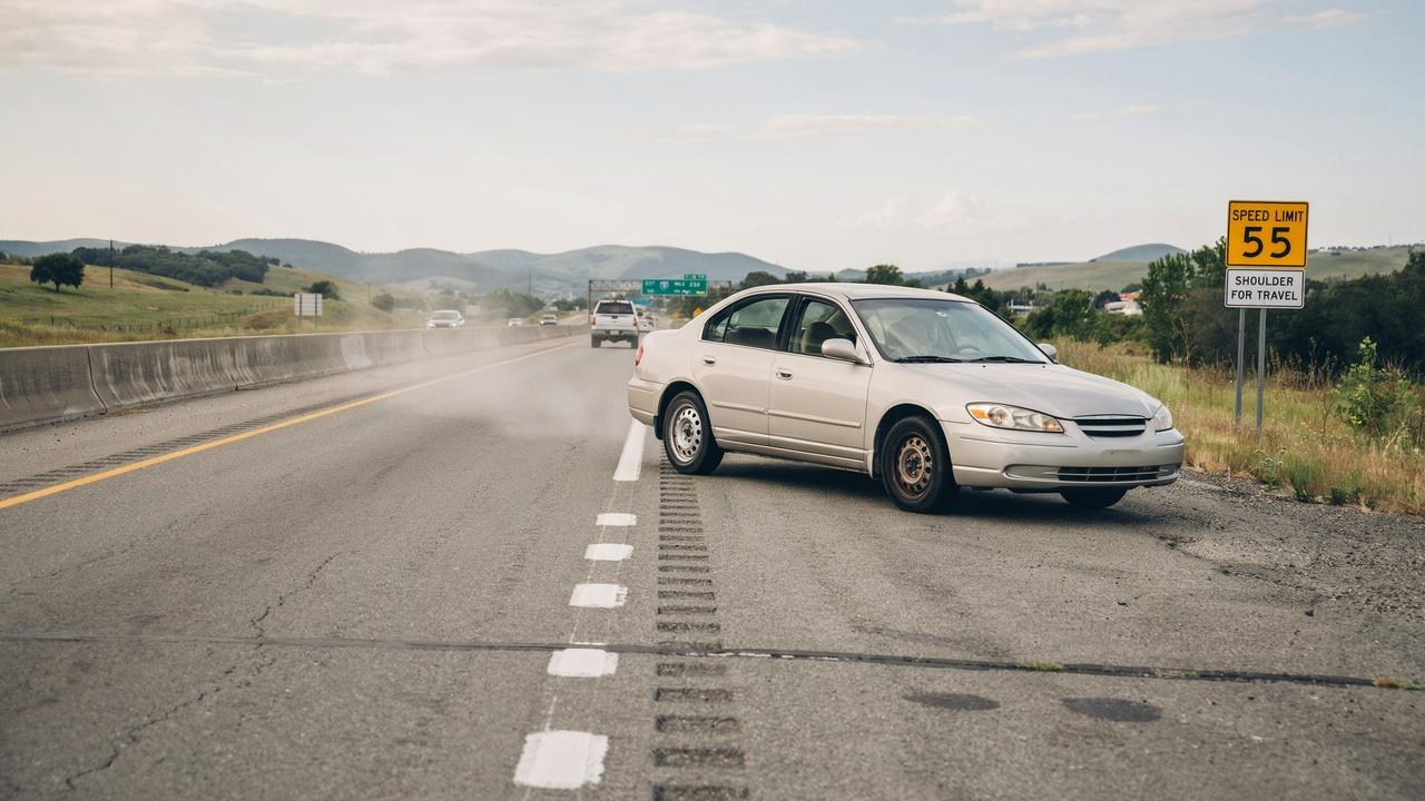 Car driving cautiously on highway using a donut spare tire.