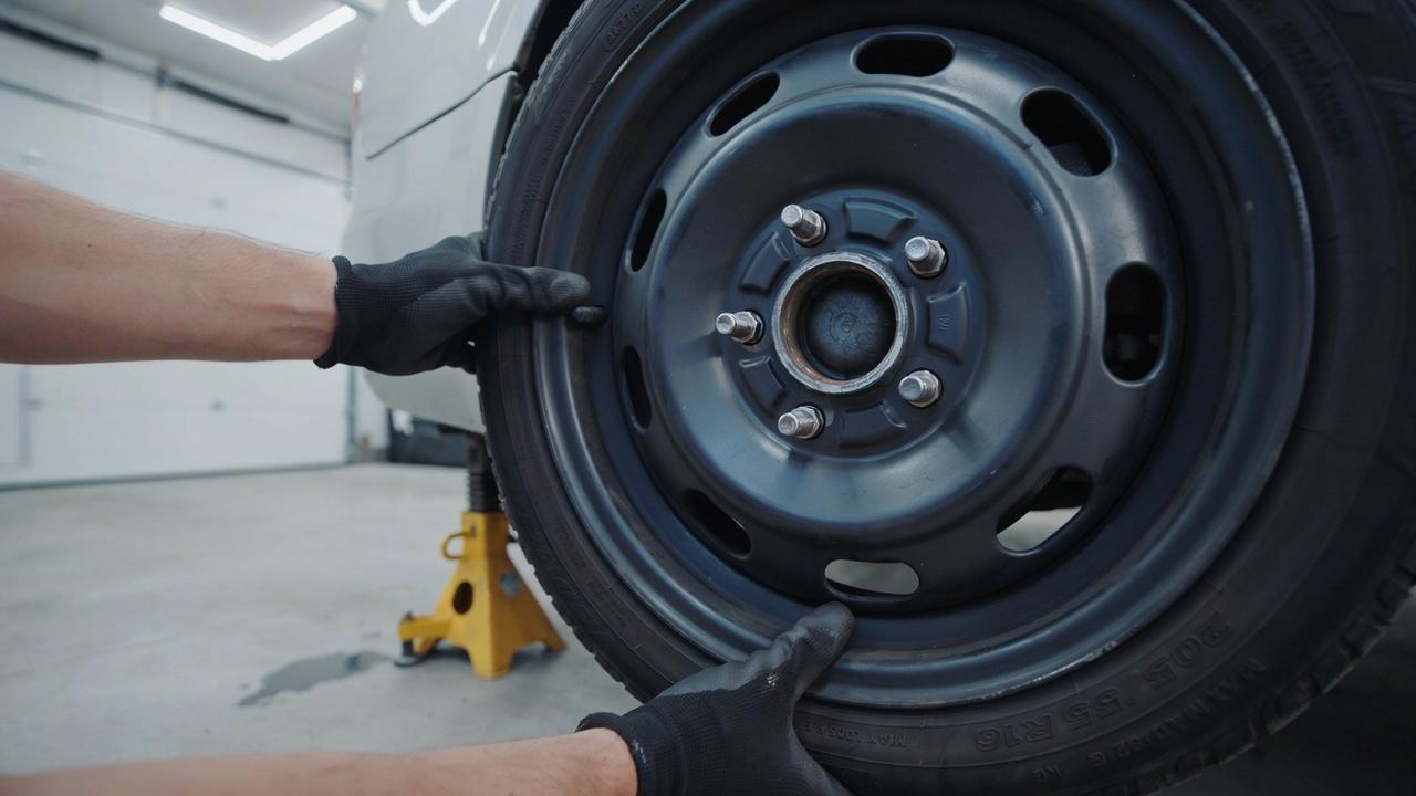 Mounting spare tire onto wheel hub.