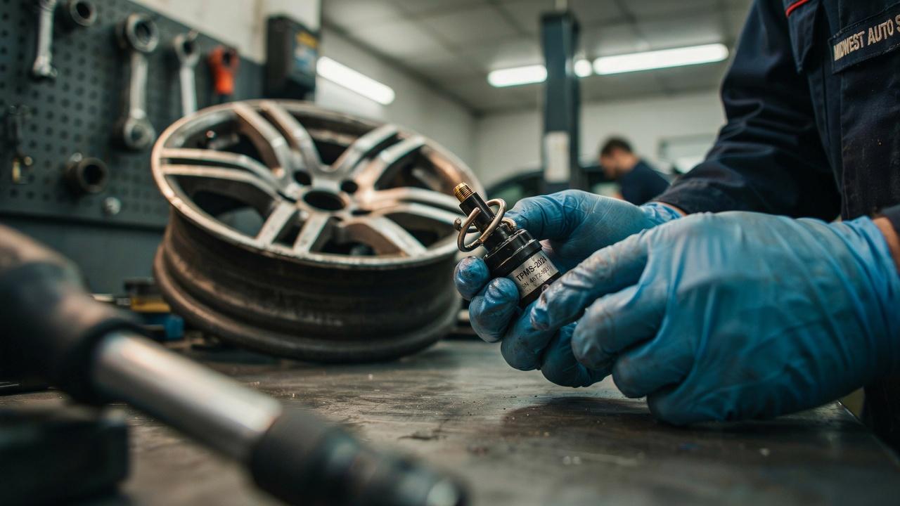 Faulty TPMS sensor being inspected during vehicle maintenance.