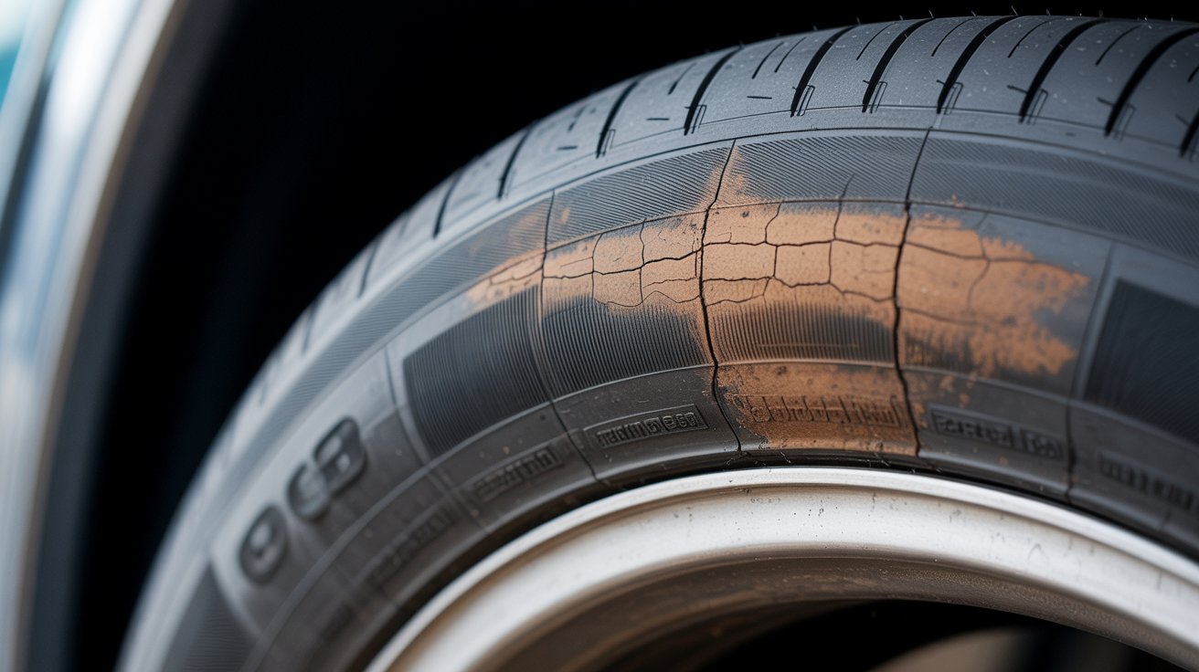 Dry rot damage on a tire sidewall causing widespread cracking and brittle rubber.
