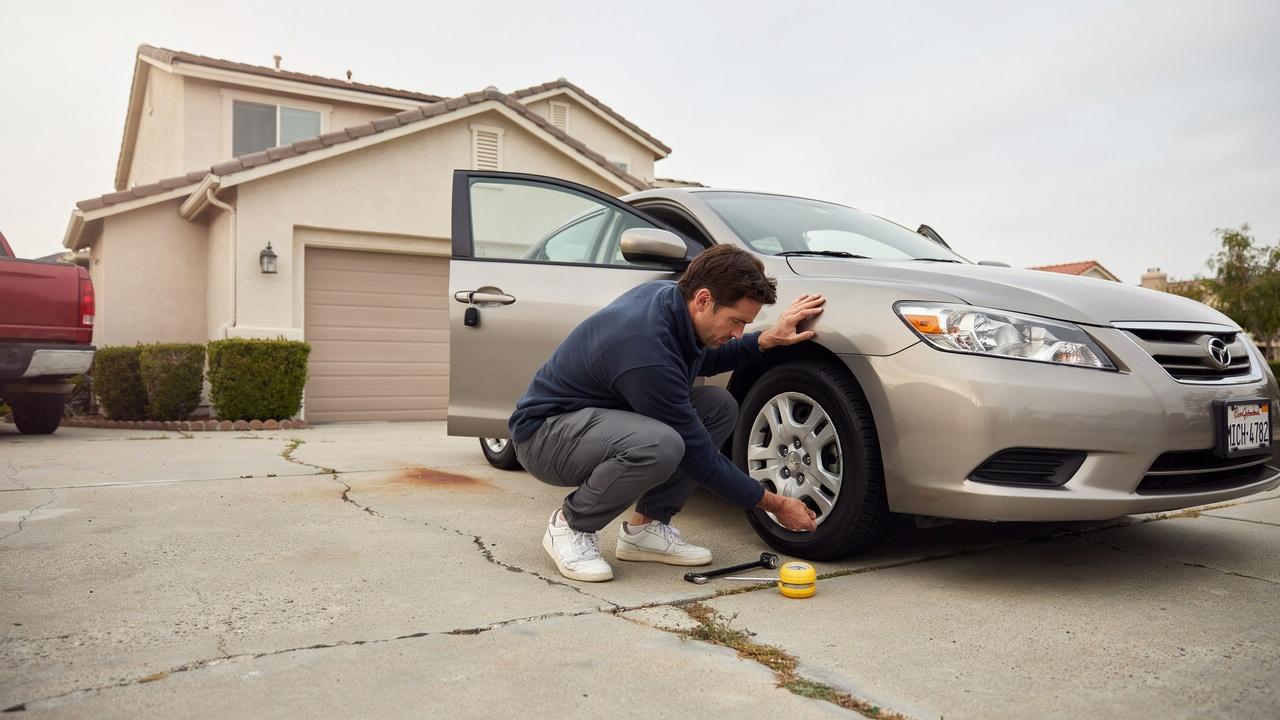 Driver visually inspecting tire condition on a parked car.