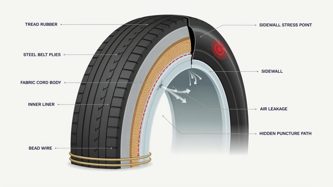 Diagram showing internal and sidewall tire damage leading to blowouts.