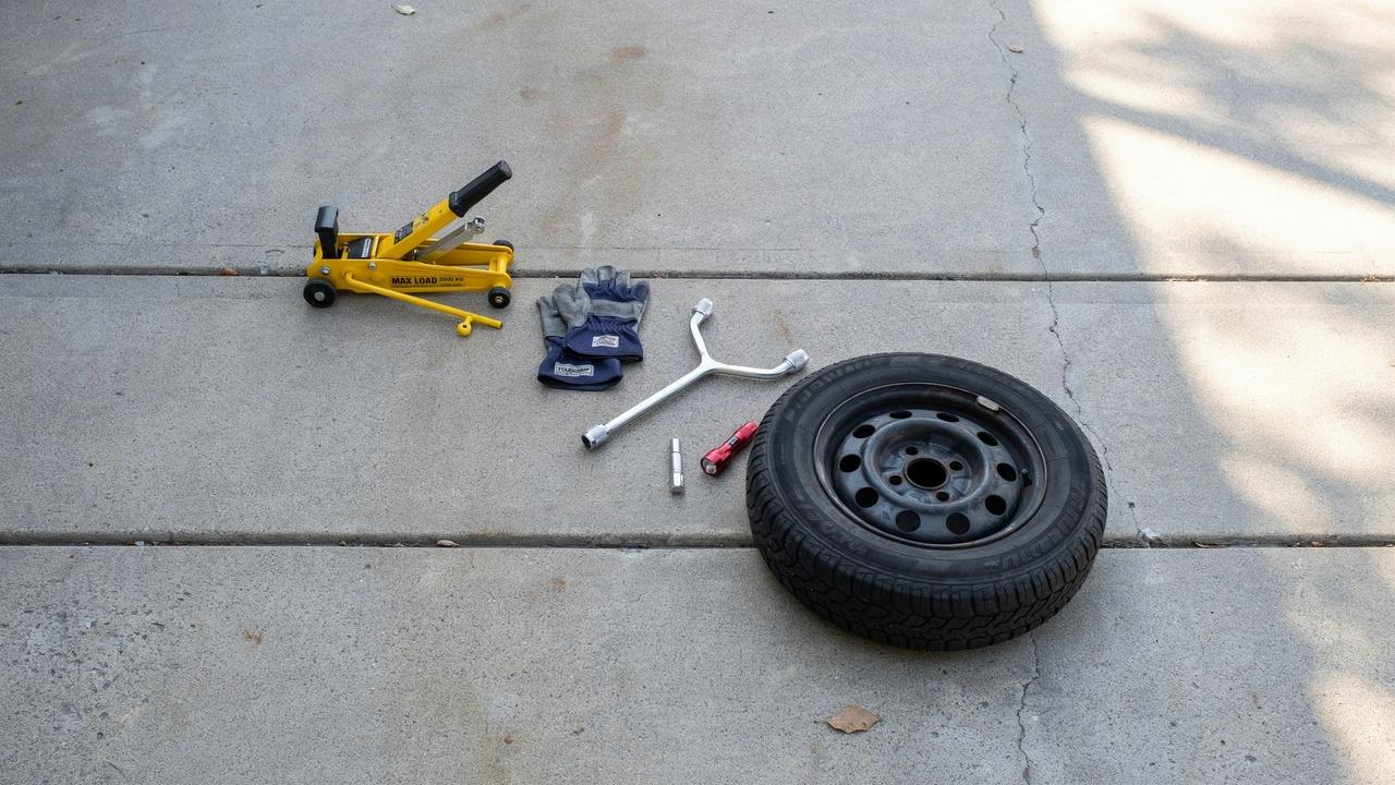Tools and spare tire gathered before starting tire change.