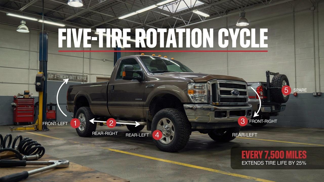 Truck tire rotation pattern including spare tire rotation system.