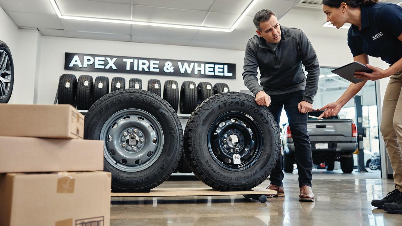 Driver choosing between passenger and light truck tires.