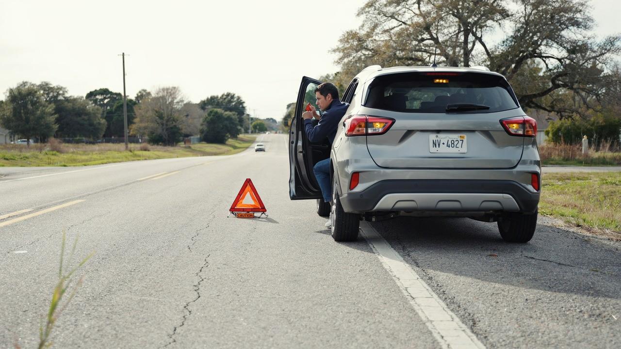 Driver pulling over safely after tire puncture.