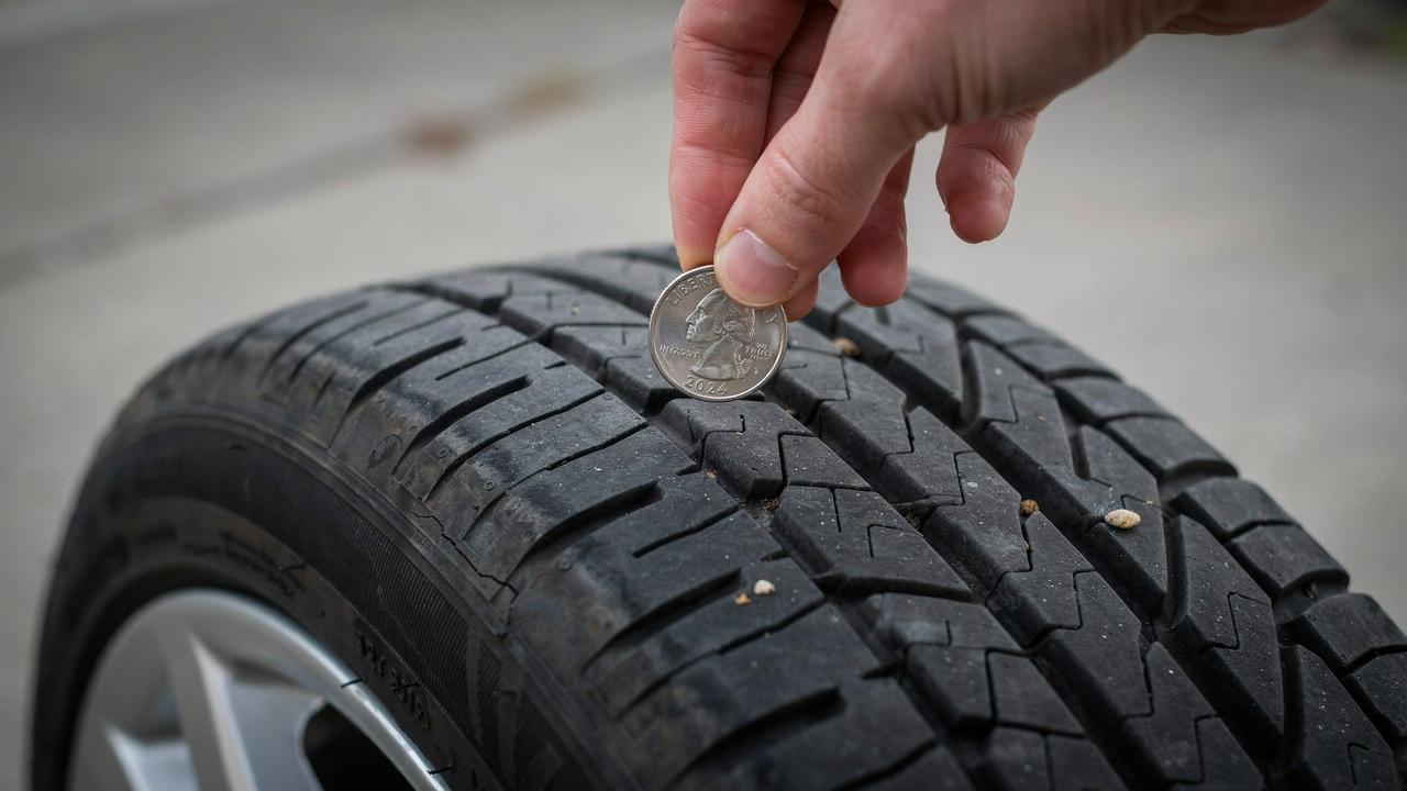 Quarter inserted into tire tread groove for tread measurement.