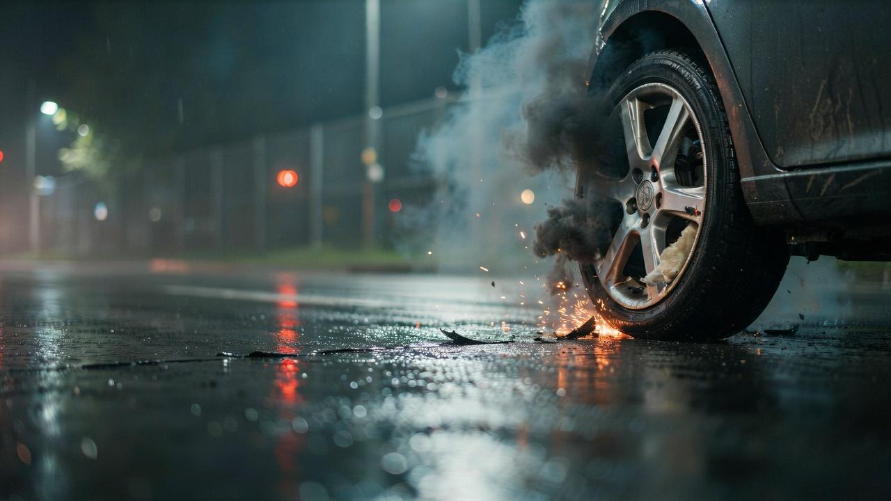 Car rim scraping road after driving on flat tire.