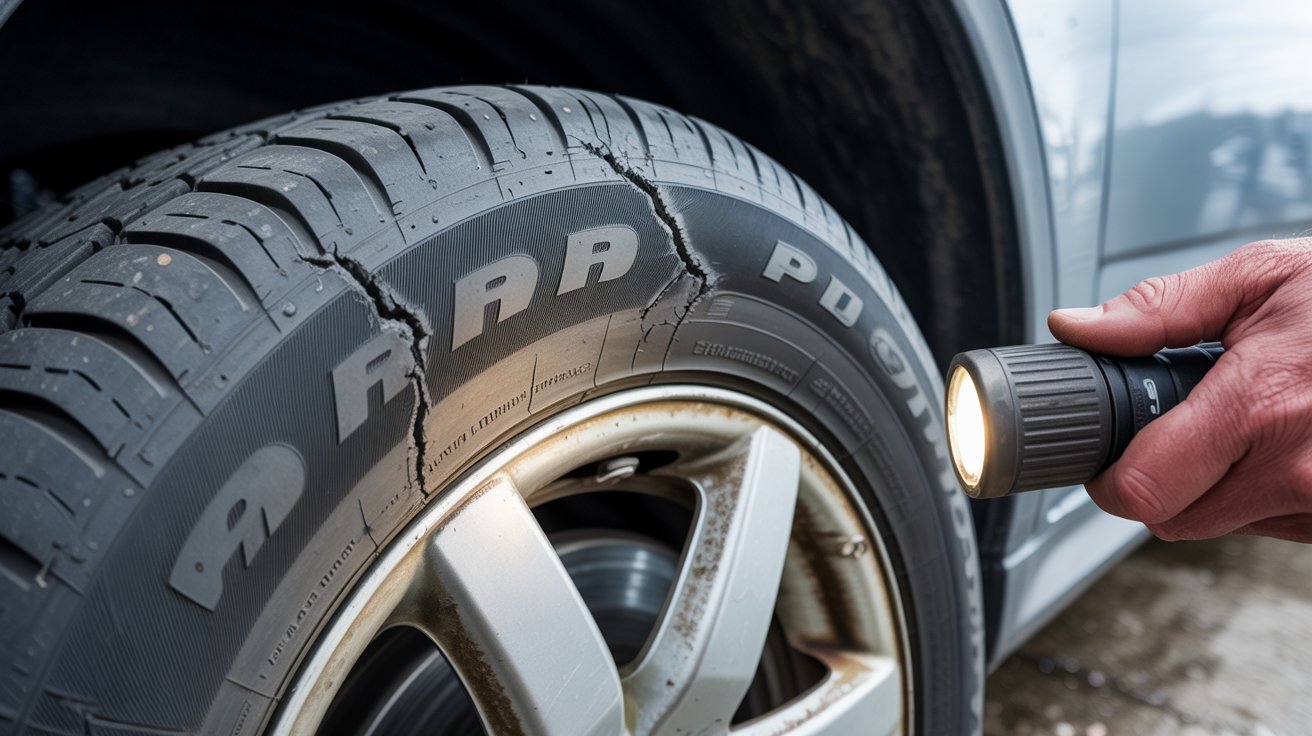 Moderate tire sidewall cracking caused by early dry rot and rubber aging.