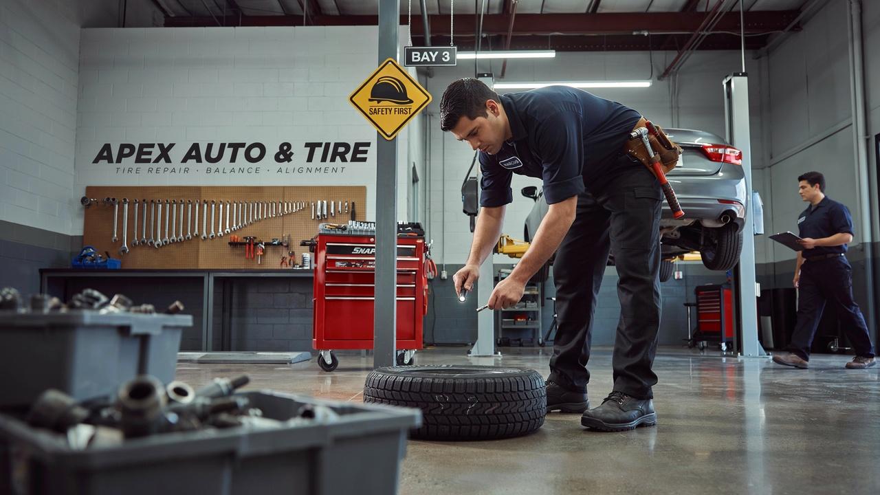 Mechanic inspecting a flat tire to determine if it can be repaired.
