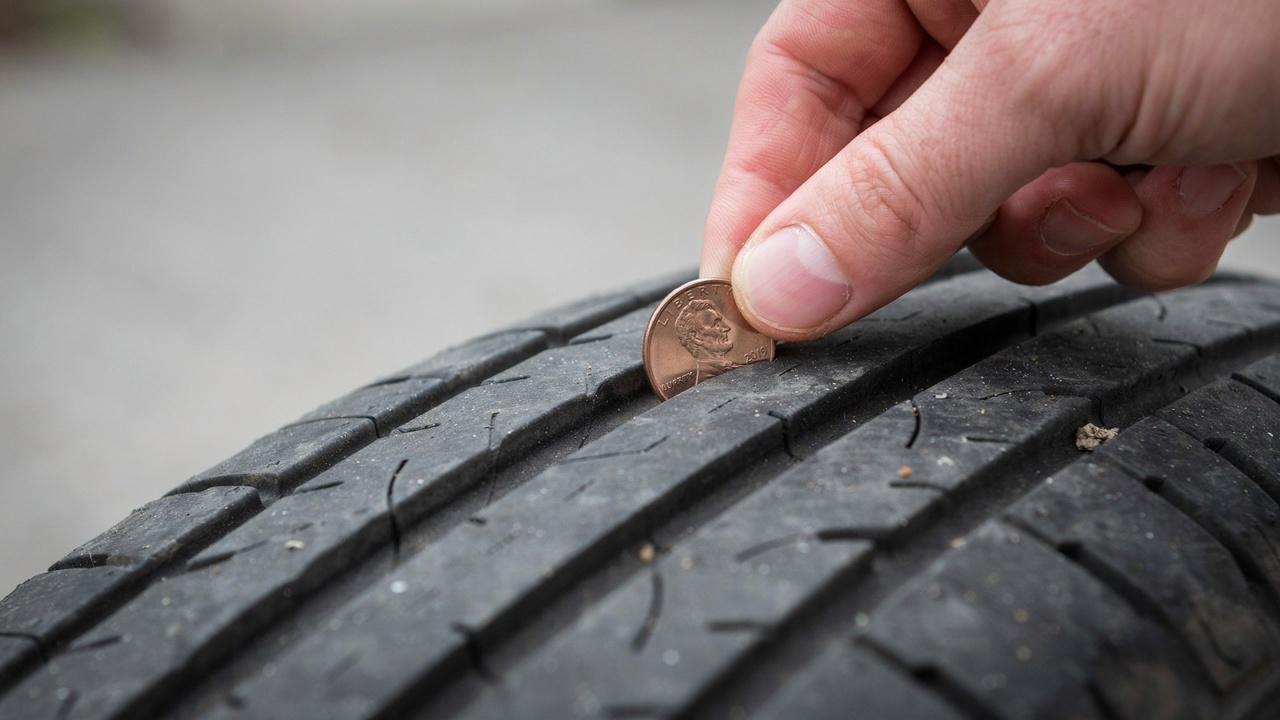 Using a penny to check tire tread depth.