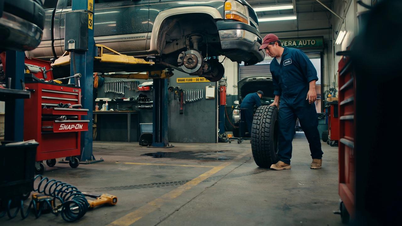 Mechanic following a tire rotation process on a 4x4 vehicle.