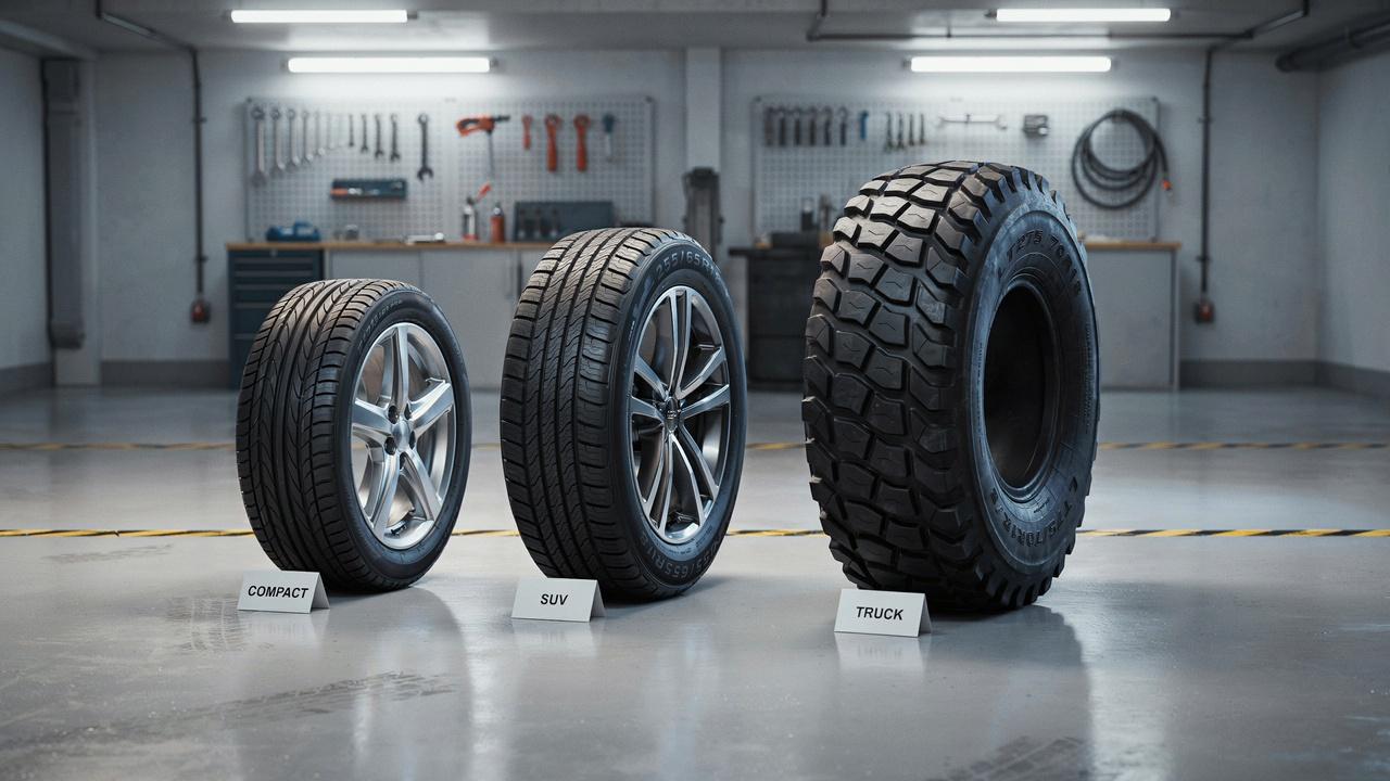Different tire sizes for cars, SUVs, and trucks.