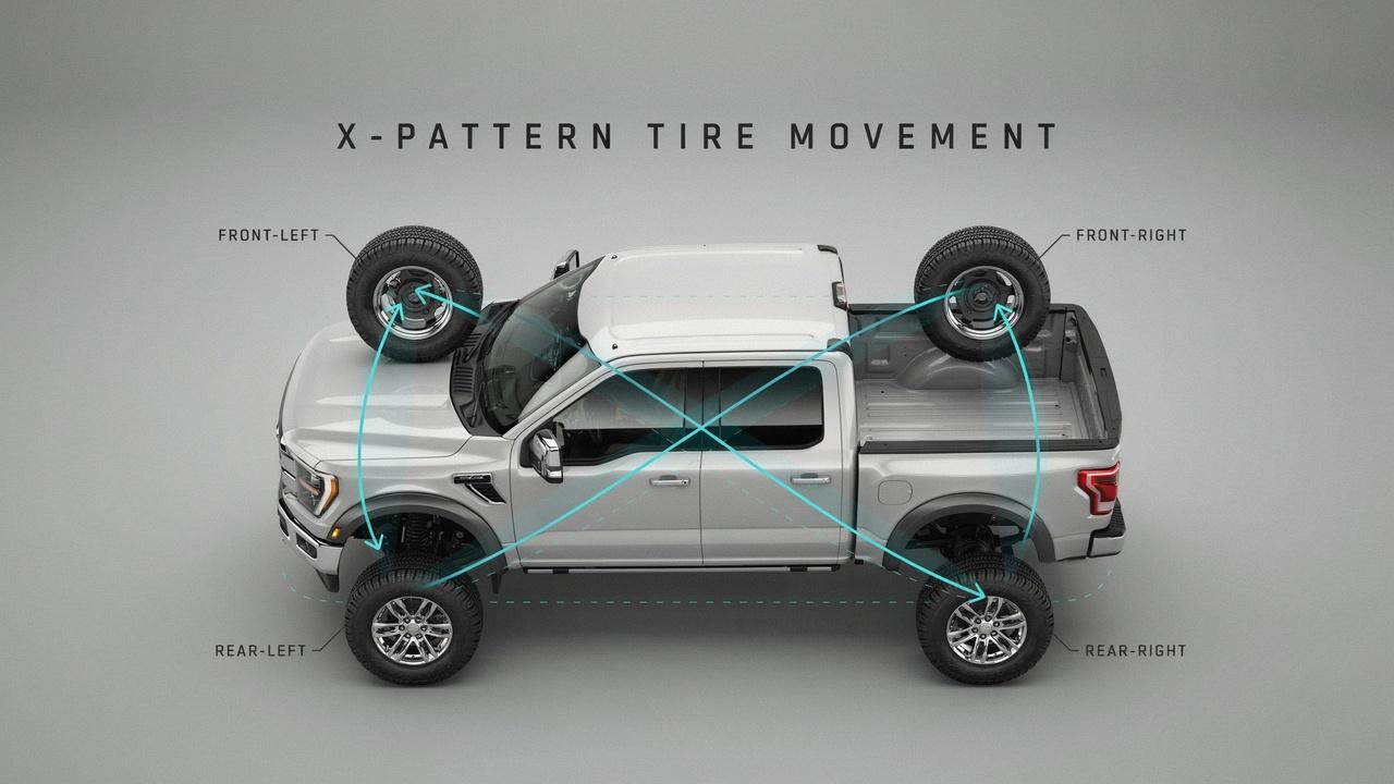 X-pattern tire rotation layout for a 4x4 truck.