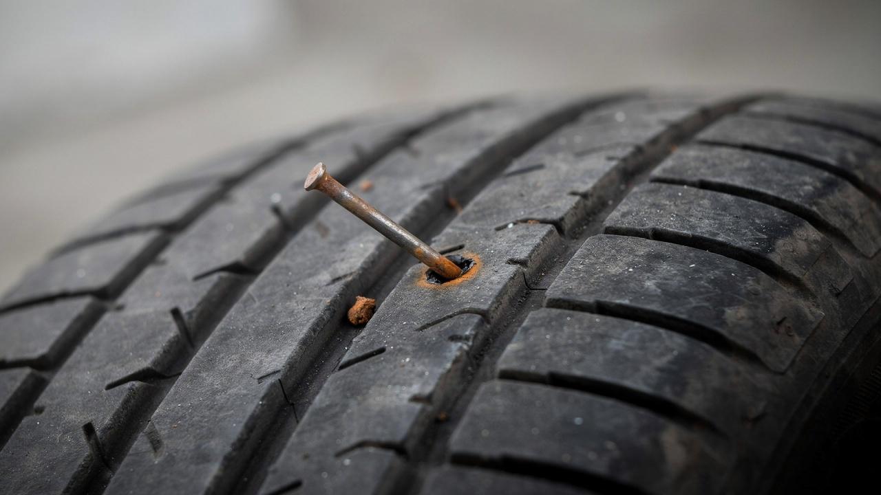 Nail embedded in a tire tread causing a slow air leak.