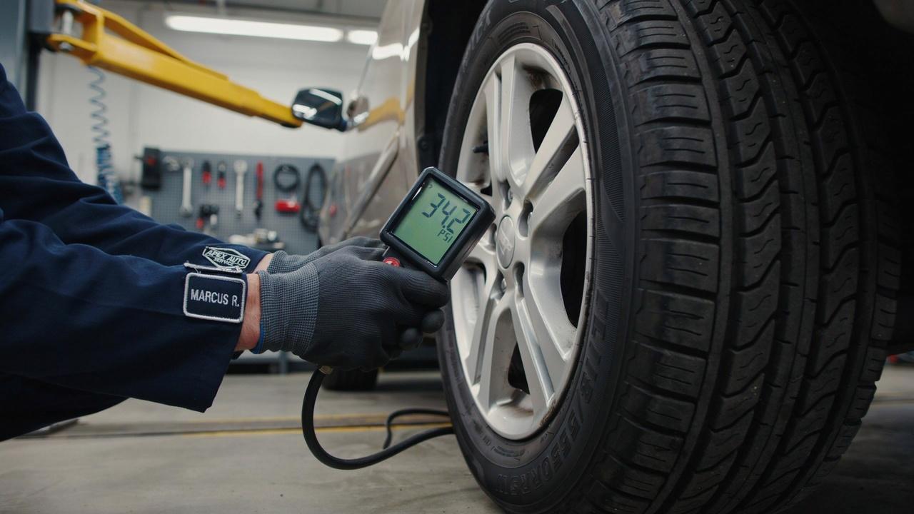 Tire pressure being checked with a digital pressure gauge.