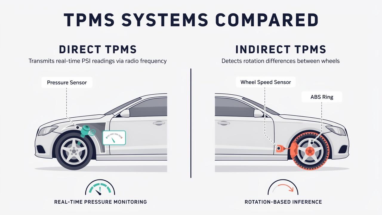 Comparison between direct and indirect tire pressure monitoring systems.