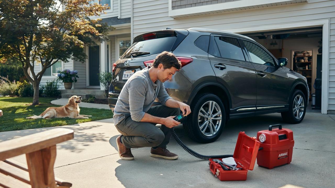 Driver checking tire tread at home using simple tools.