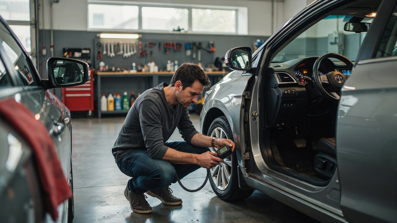 Driver checking tire pressure while TPMS tire sensor warning light is illuminated on the dashboard.