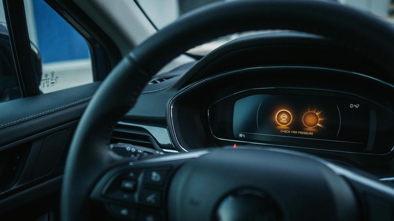 : Car dashboard showing blinking tire pressure light and solid tire pressure light side by side.